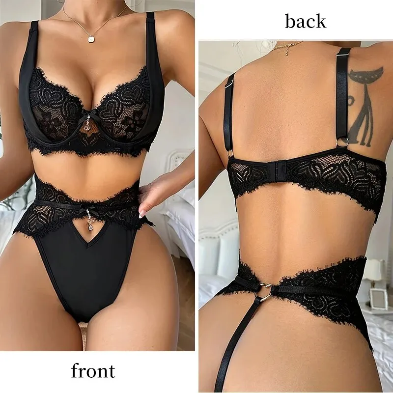 Women\'s Sexy Lace Lingerie Set with Black Lace Patchwork and Pendant Decoration for Women Sexy Bra Set