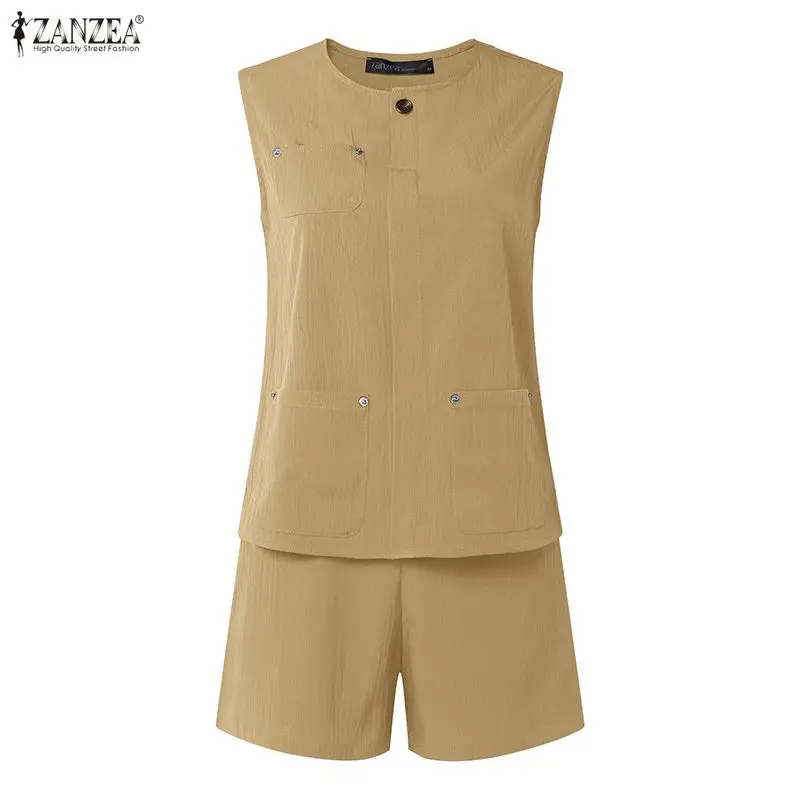 Lässige, lockere, kurze Sets für Damen, Shorts mit elastischer Taille und ärmellose Tanktops, 2-teilige Sets, ZANZEA Summer Daily, 2-teilige Anzüge, Outfits