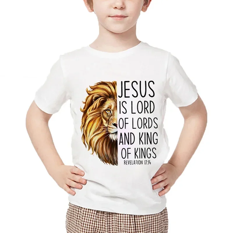 

Kids Animal Tshirts Jesus Is Lord of Lords and King of Kings Printed 2025 New Fashion Tee Shirt Girls Boys Cartoon Lion Tshirt