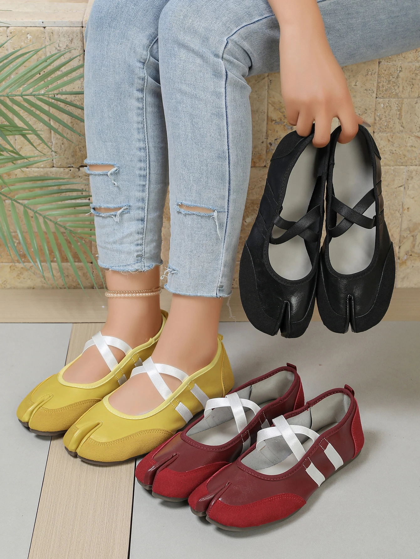 Flache Schuhe mit Kreuzriemen für Damen, lässiges Modedesign, Mary Jane Schuh, Slip-on, geteilte Zehenpartie, Ballett-Trainer, Sommer 2026, elegant, neu – Detail 12