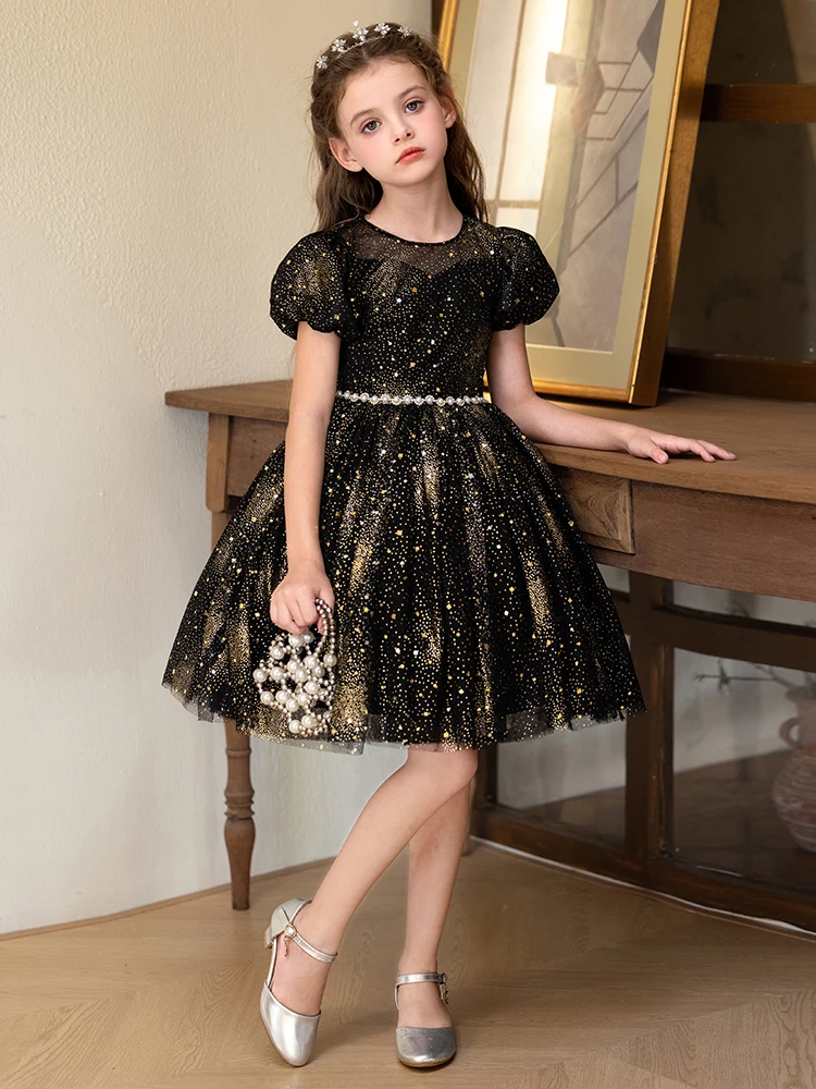 

High Quality Starry Sky Dress For Girls Black Short Dress Holiday Party Birthday Fluffy Veil Dress