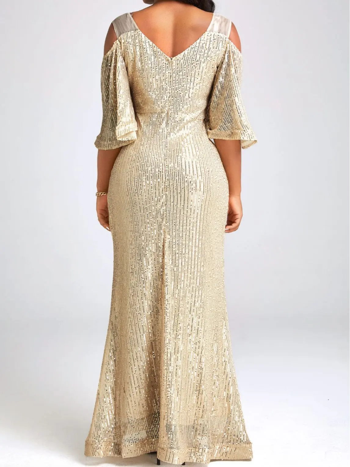 2024 New Style Celebrity V-neck Off Shoulder Gold Sequin Annual Meeting Evening Dress Banquet Dress