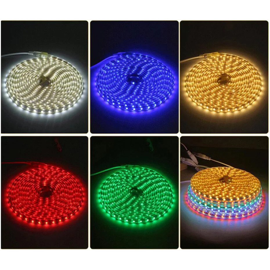 AC 220V LED Strip Light 5050 RGB SMD Waterproof Silicone Tube 1/2/3/4/5/6/7/8/9/10/12/15/20m RGB White 60LEDs/m + EU Power Plug