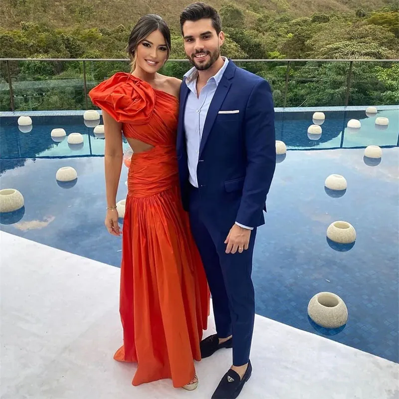 Vestido de noche de tafetán largo para mujer, Vintage, un hombro, plisado, naranja, largo hasta el suelo, fiesta de graduación