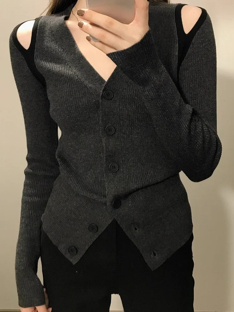 سترة نسائية محبوكة برقبة على شكل حرف v بقصة ضيقة أنيقة مفرغة مكشوفة الأكتاف ملابس نسائية ربيعية مثيرة للفتيات تناسب جميع الأعمار