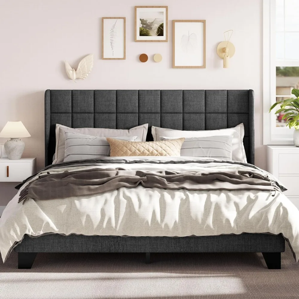 King Size Bed Frame with Wingback，Upholstered Square Stitched Headboard & Wooden Slats，Box Spring Optional，Bed Frame