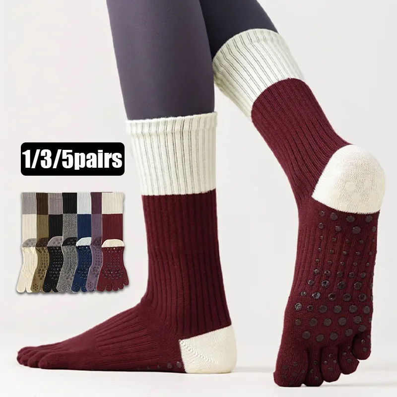 1/3/5 Pairs Women's Yoga Five Toe Socks Non-Slip Grip Sole Ribbed Color Block Fashionable Split-Toe Sock Comfortable Casual Sox