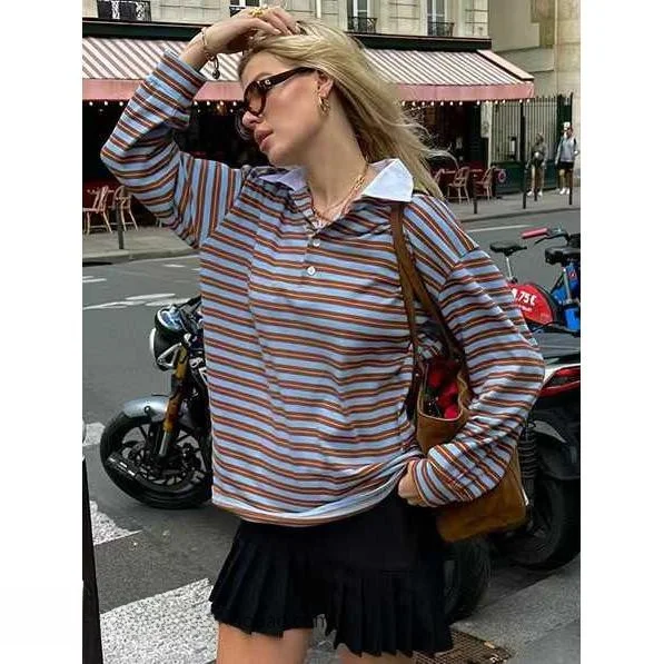 

Свободная полосатая футболка Color Blo Long Sve Retro Sle, женский повседневный топ, удобная дышащая осенняя одежда из Китая