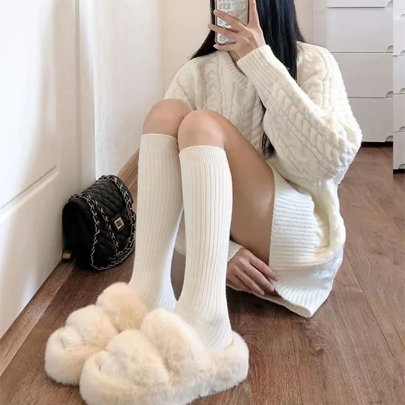 Autumn And Winter Women's Knitted Socks Solid Color Vertical Bar Warm Knee Length Socks Harajuku Fashion Lolita Socks