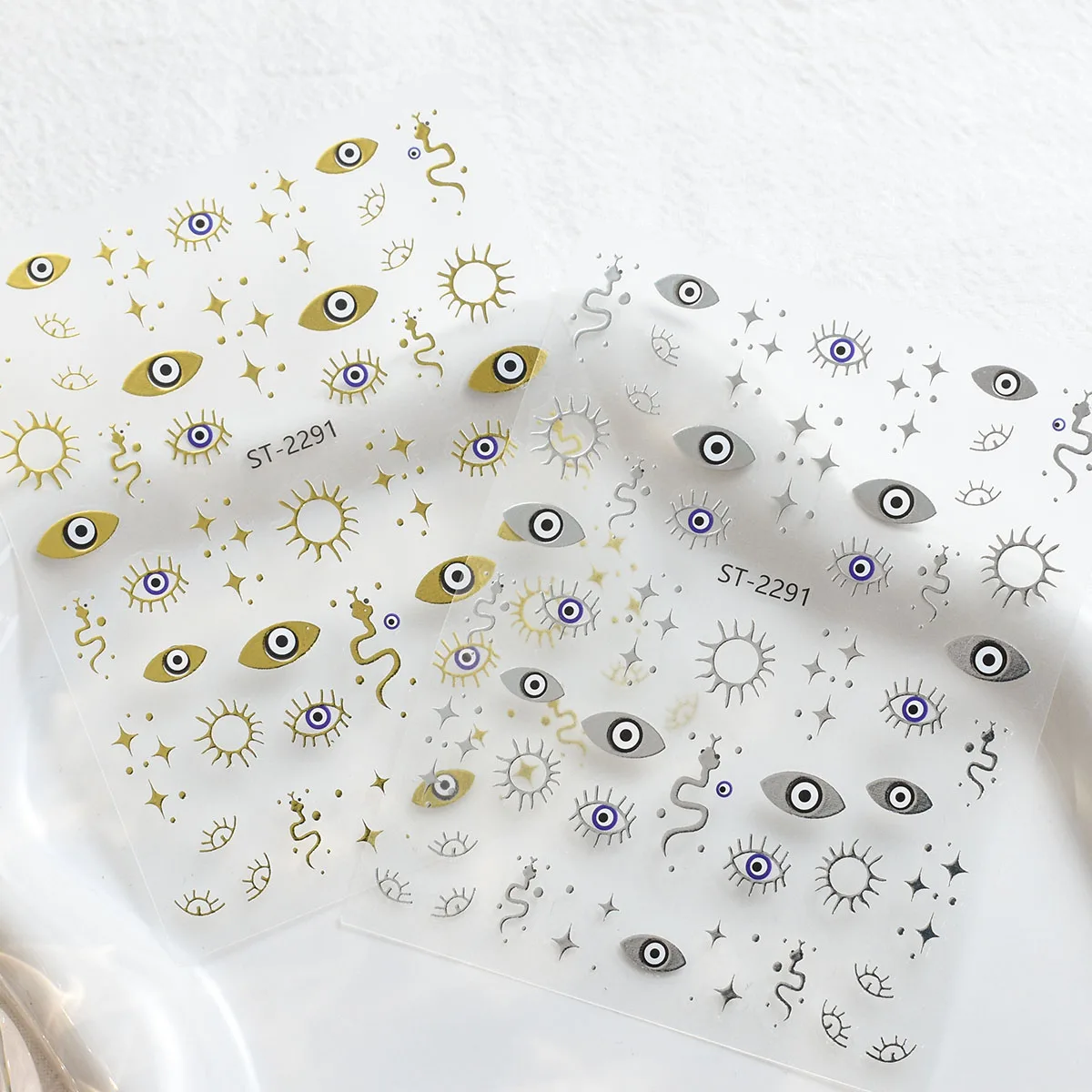 3/6/12 feuilles d'autocollants pour nail art mauvais œil or argent – autocollants auto-adhésifs métalliques mystique lune étoile serpent pour manucure à faire soi-même