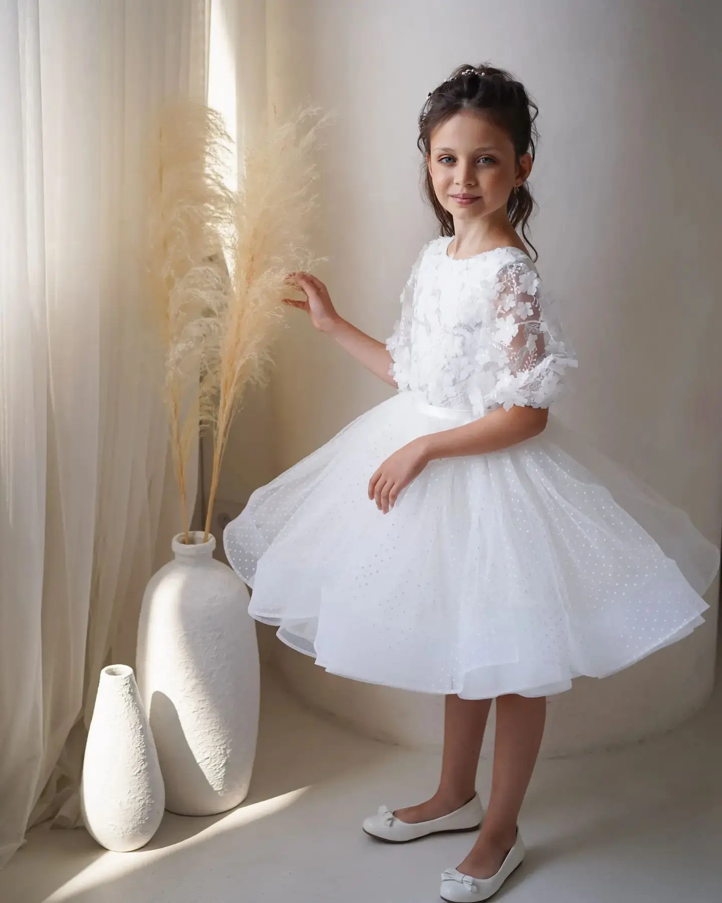 Flower Girl Dress For Wedding Girl Birthday Dress with Applique Half Sleeve Charming Litter Princess Dresses for First Communion