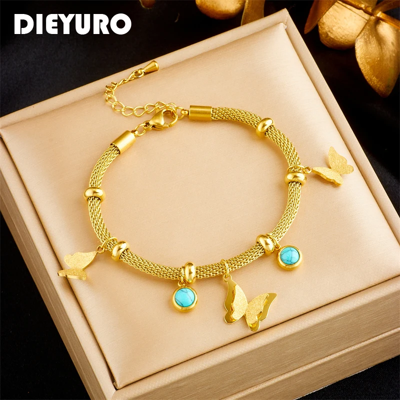 DIEYURO 316L Stainless Steel Gold Color Butterfly Charm Bracelet For Women Girl Fashion New Jewelry Gift Party pulseras mujer