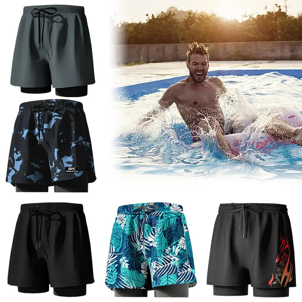 Double Layered Swimming Pants Swimming Trunks With Compression Liner Stretch Quick Dry Running Gym Swim Shorts For Men