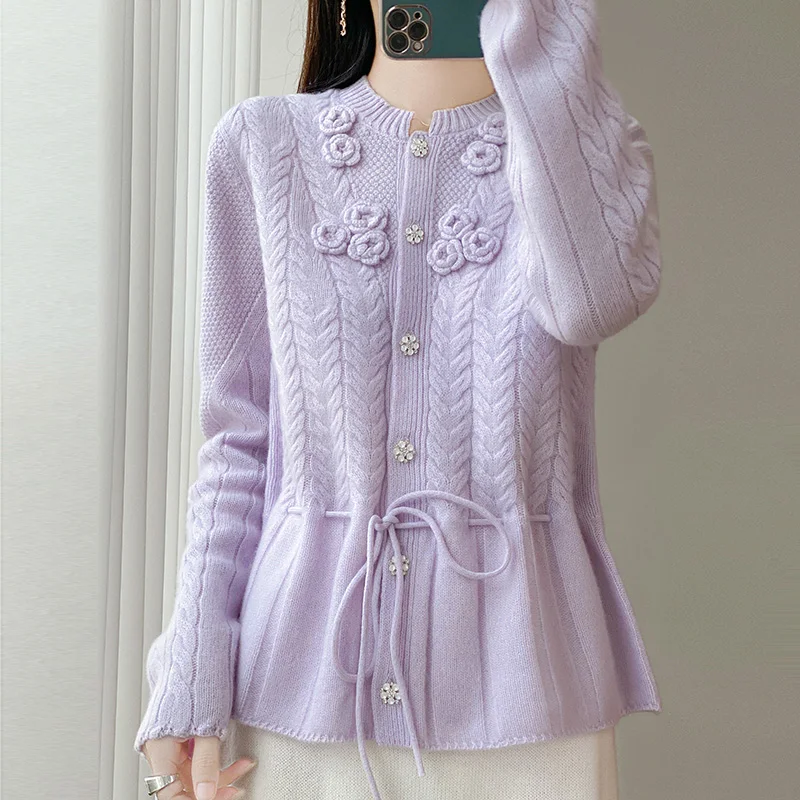 

Autumn/Winter New Women's 100% Merino Pure Wool Casual Round Neck Cardigan Tops Loose Blouse Single breasted Waist Rope Jumper