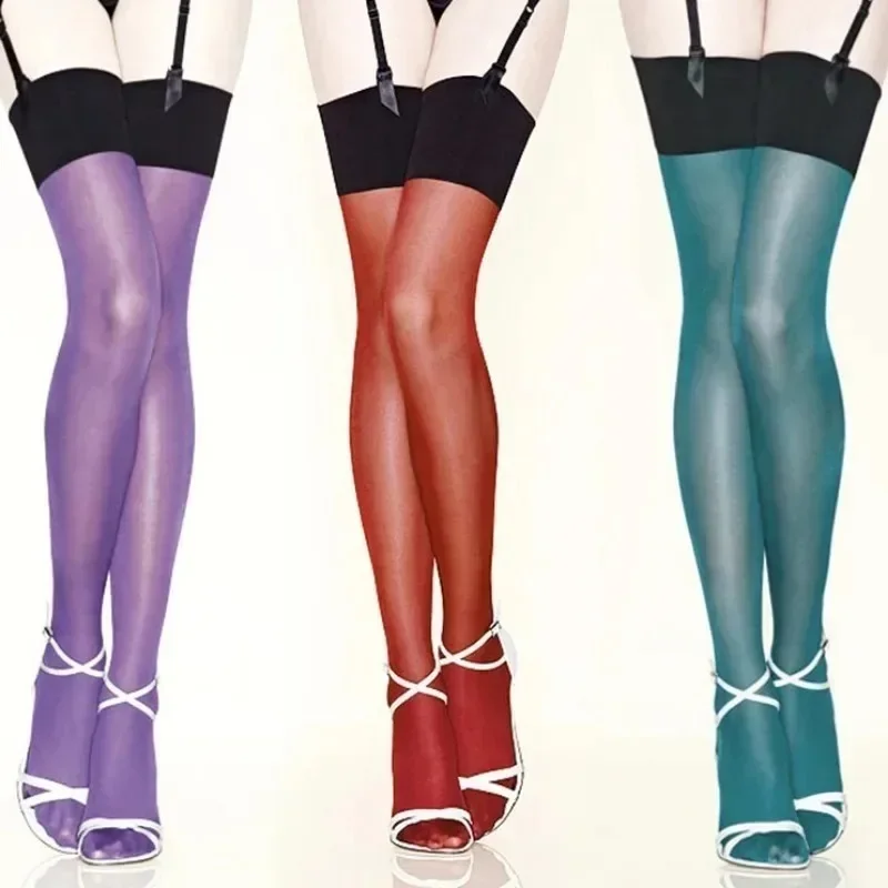 Women's Multi-color Oil Shine Shiny Thigh High Stockings Sexy Ladies Collant Lolita Glitter Lustre Legs Rib TOP Opaque