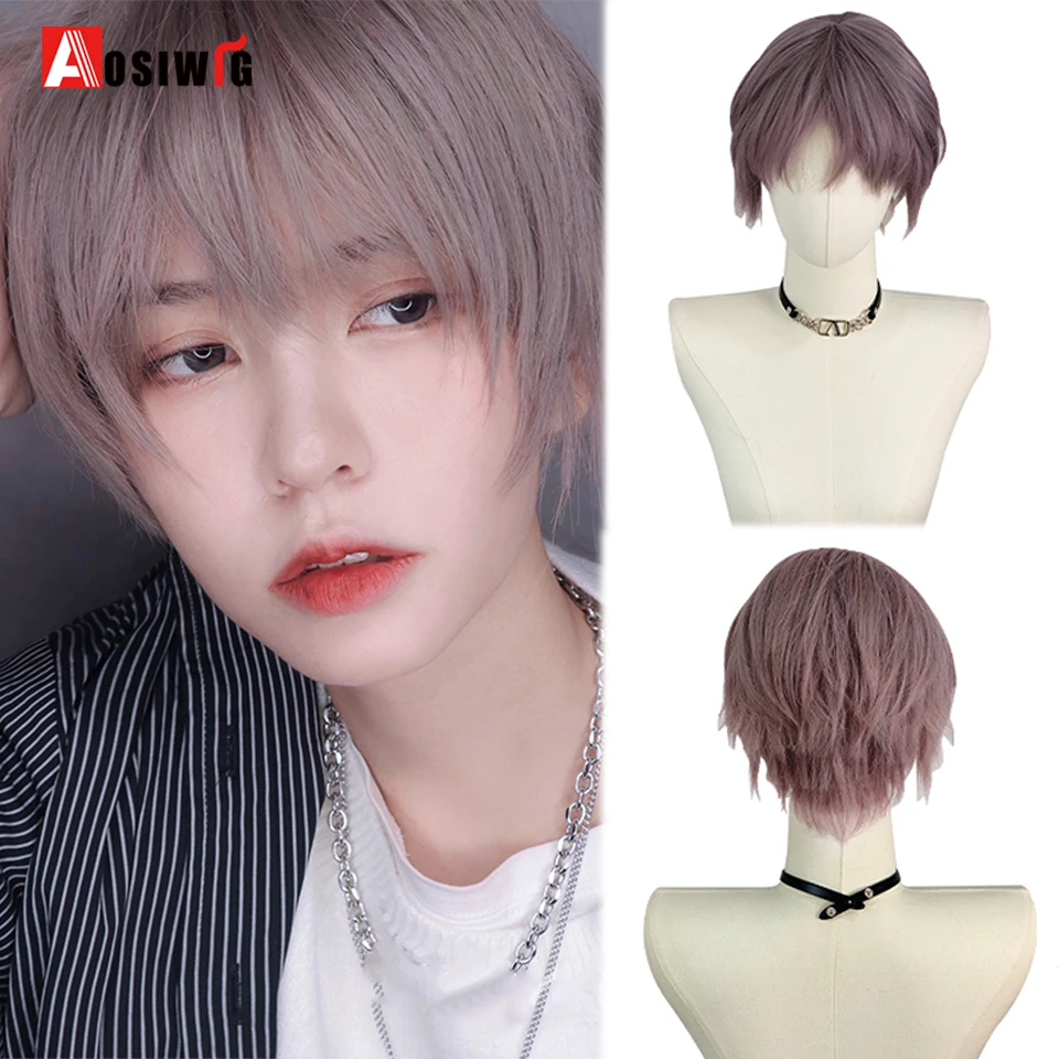 Fashion Men Short Wig Pink Brown Synthetic Wigs With Bangs For Male Women Boy Cosplay Costume Anime Halloween