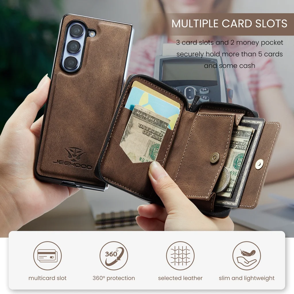 Detachable Zipper Wallet Leather Case for Samsung Galaxy Z Fold 5 Fold5 5G Strong Magnetic Card Holder Stand Flip Phone Cover