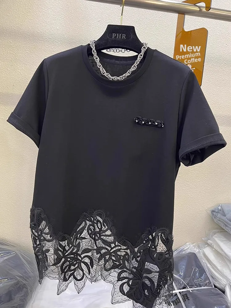 Lace Hem Pure Cotton Short Sleeve T-Shirt Women's Fashionable Summer New Style European Goods Meticulous Irregular Top