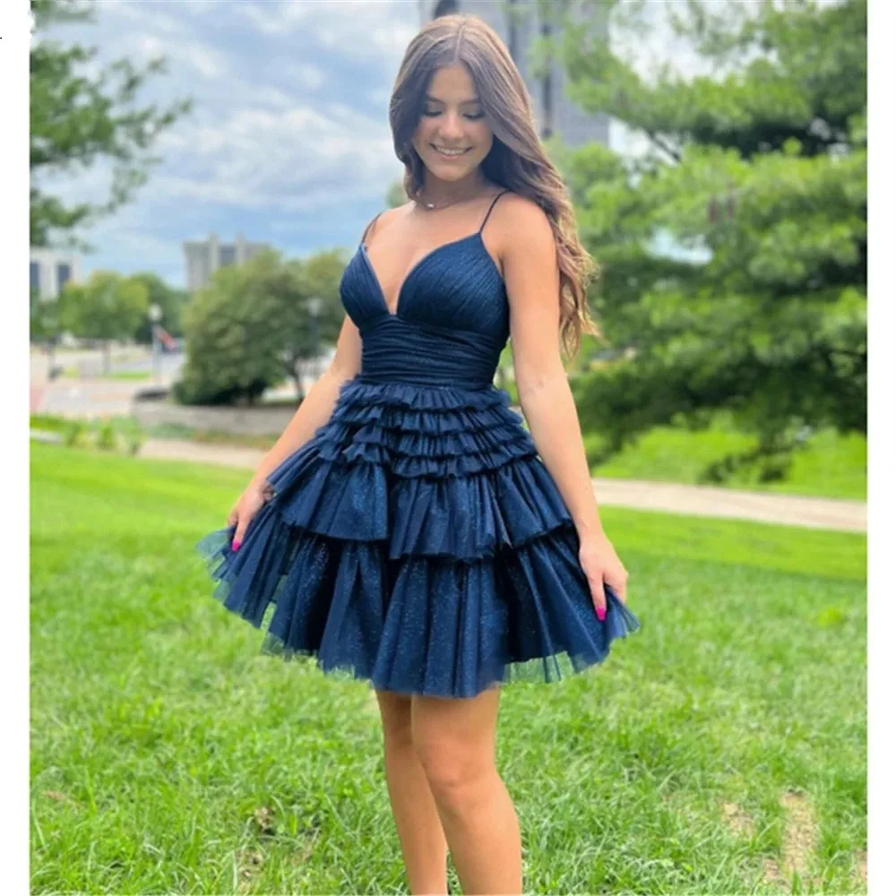 Customized Spaghetti Blue Homecoming Dress Straps Navy Tulle Short Prom Dresses Glitter Tiered Ruched Cocktail Party Gowns HOT