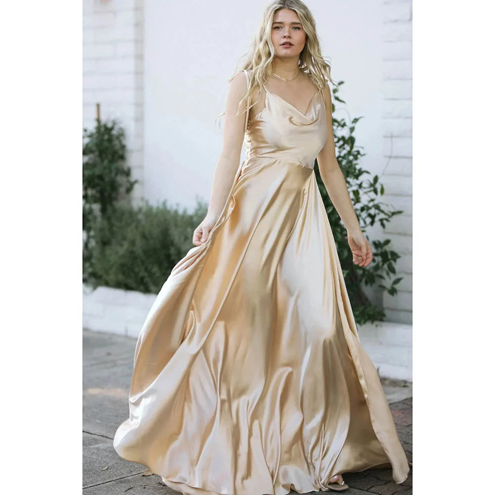 

Elegant 2024 A-line Cowl Neck Prom Dress Satin Gown Lace Up Back Slit Floor Length Evening Dress