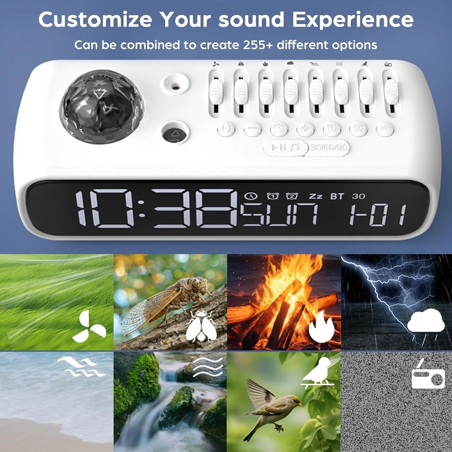 Altavoz Bluetooth con ruido blanco, luz de proyección nocturna estrellada, ayuda para dormir, barra de sonido, despertador, caja de música, temporizador para dormir, regalo para niños