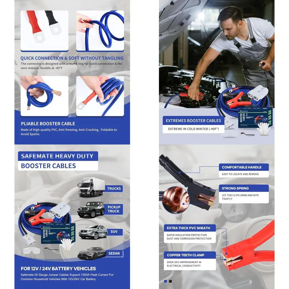 

SAFEMATE 00 Калибр 30 футов Сверхмощные соединительные кабели — усилитель 1500 А для аккумуляторов, внедорожников и грузовиков — быстрое подключение,