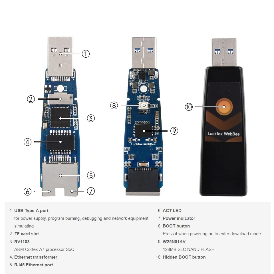 Luckfox Pico WebBee RV1103 Linux Development Board, Integrates Arm Cortex-A7/RISC-V MCU/PHY, Ethernet Port