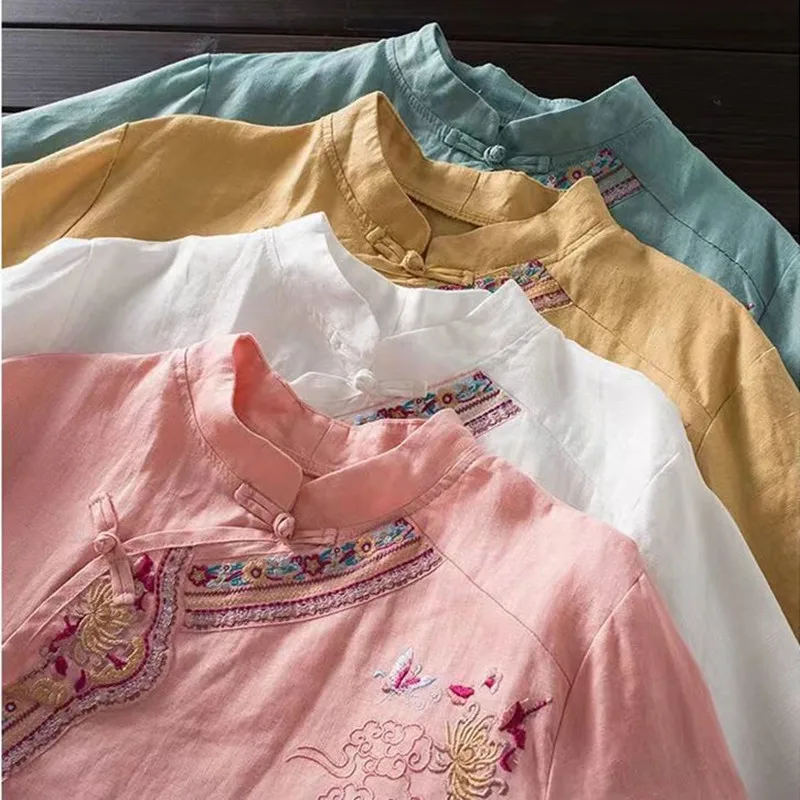 

Embroidery Cotton Linen Shirt 2026 New Summer Vintage Plate Buckle Loose Tops Blouse Female Short Sleeve T-shirt Size 3XL