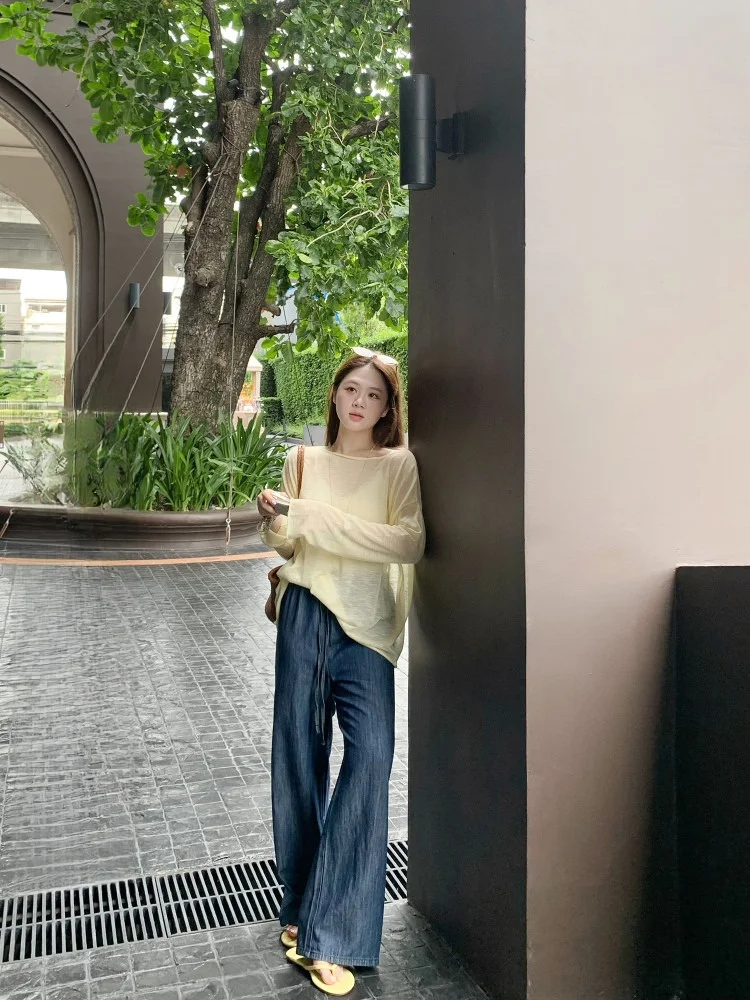 

Брюки женские Laid-ba Han Haax из хлопка, повседневные, в стиле Old Money, летние, широкие джинсы, свободный крой, длинные брюки