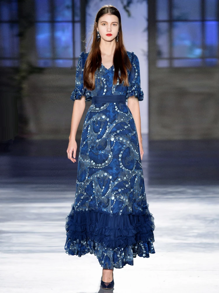 

Женское длинное платье с воланами по краям, лето 2025 г., с v-образным вырезом, короткими рукавами, плиссированной сеткой, с рюшами и принтом, женские длинные платья с большим каблуком