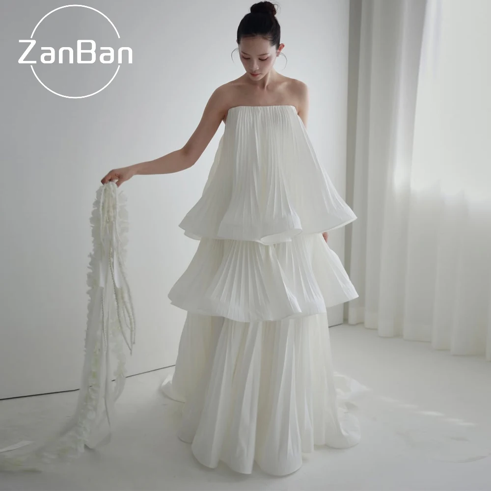 ZanBan Simple Strapless Bridal Gown Sleeveless Tiered Floor Length 2026 Moder Wedding Dress Modern Bridal Gown Korea Photoshoot