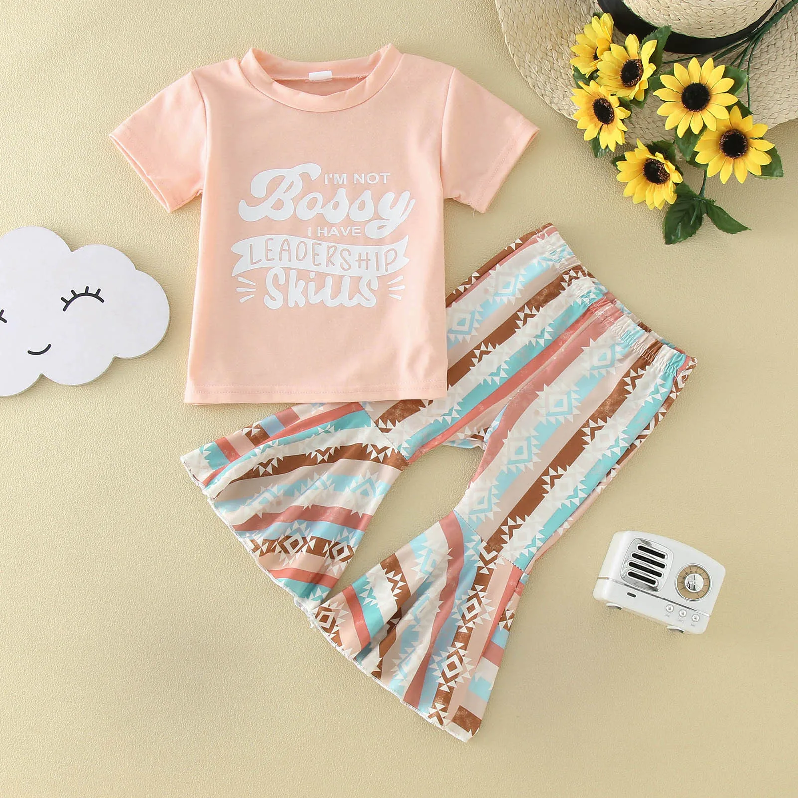 

Fall Clothes for Teen Girls Toddler Girls Short Sleeve Letter T Shirt Pullover Tops Bell Bottoms Pants Sweatpants Teen Girls
