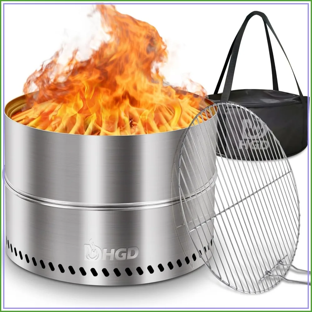 19.6in Smokeless Fire Pit with Grill, Portable Wood Burning Fireplace for Camping, Foldable
