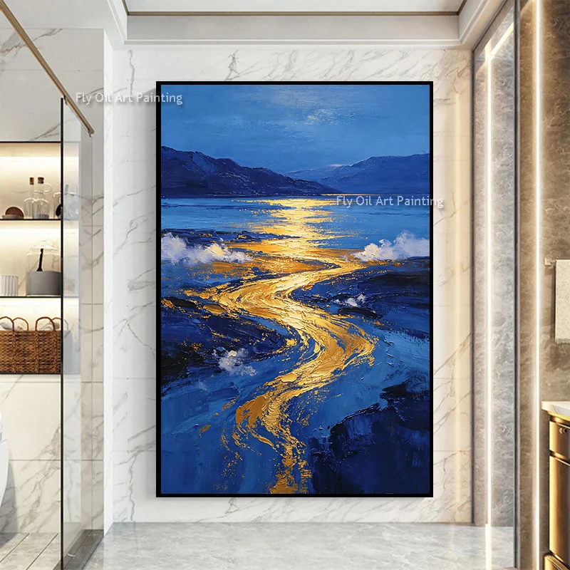 Special Night Landscape Oil Painting On Canvas New Simple Navy Blue Golden Yellow River Wall Art Handmade Gold Foil Art Decor