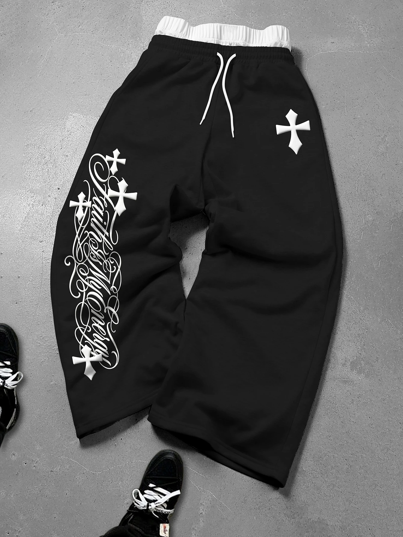 Men's Oversized Streetwear Pants Brand Double Waistband Cross Cursive Print PolyesterWide Leg Pants S-2XL