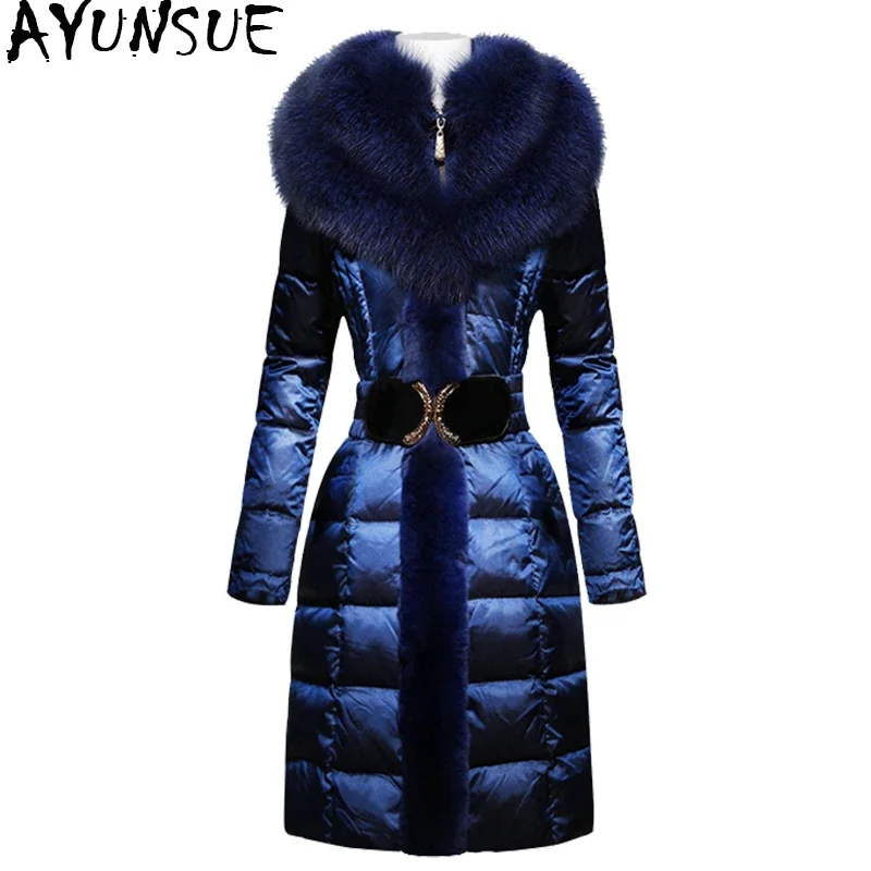 AYUNSUE Fashion Winter Down Jacket Women Fox Fur Collar Slim Warm Down Coat Female Long Parka Ladies Elegant Outwear Hooded 754