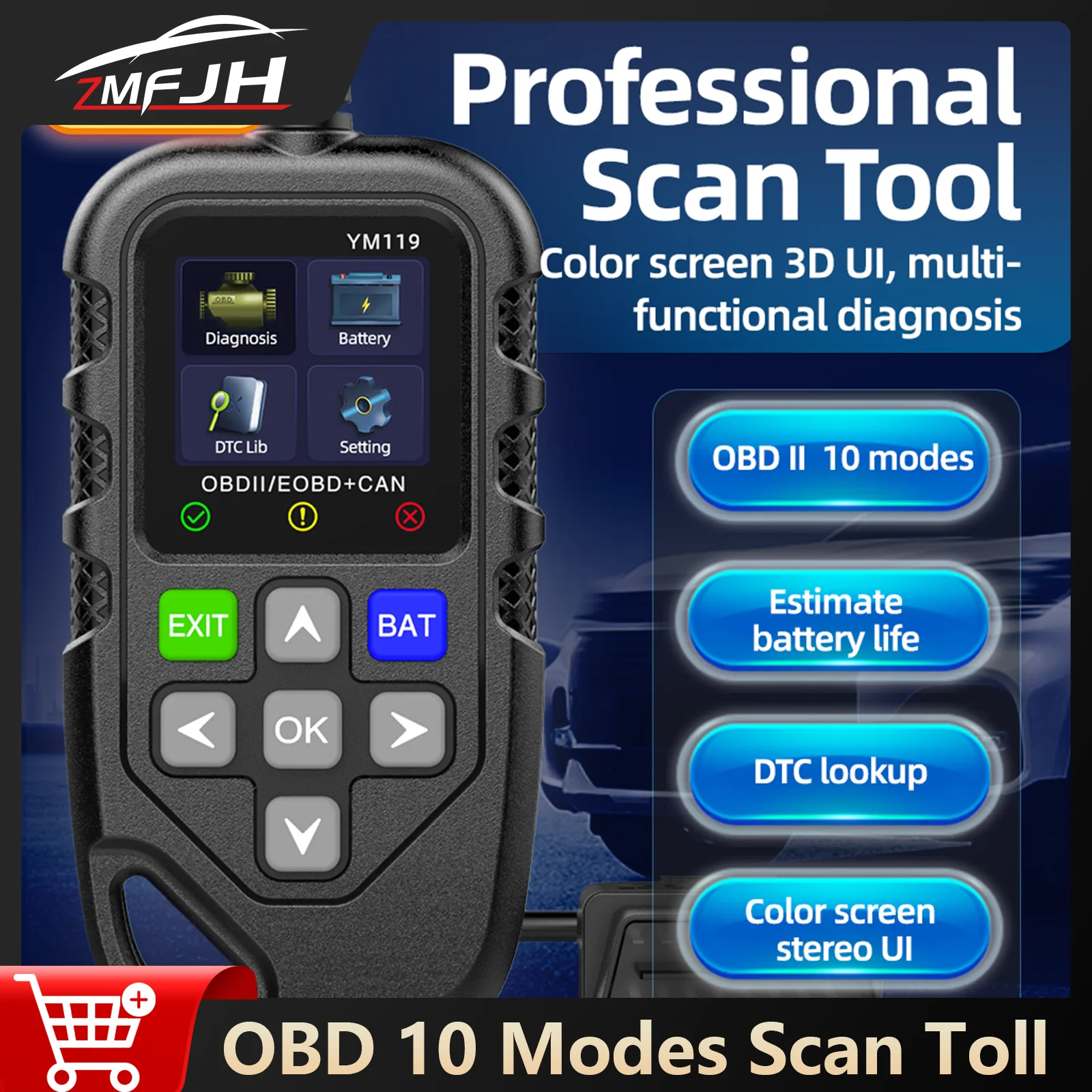 

OBD2 10 Modes Diagnostic Scan Tool Car OBD Code Reader Scanner Read Code Erase Code Fault Codes Scanner Battery Tester Tool