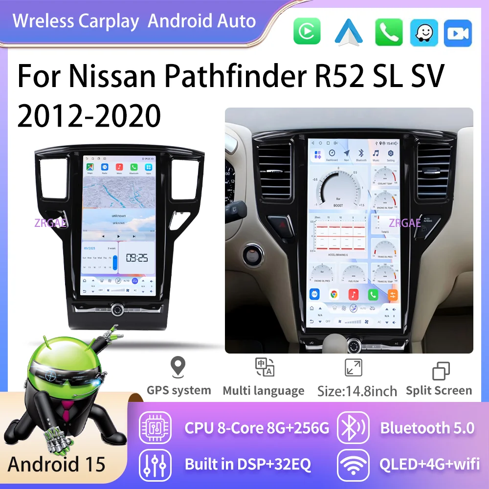 

14.8‘’ Android15 Car Radio For Nissan Pathfinder R52 SL SV 2012-2020 Multimedia Player Tesla Style Wireless Carplay Auto Stere