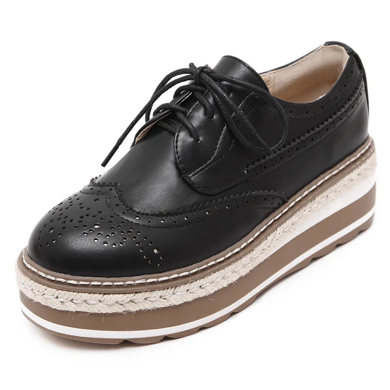 Women Loafers Shoes Leather Thick Heels Oxford Shoes Female Lace Up British Style Lady Formal Bullock Shoes Platform Espadrilles