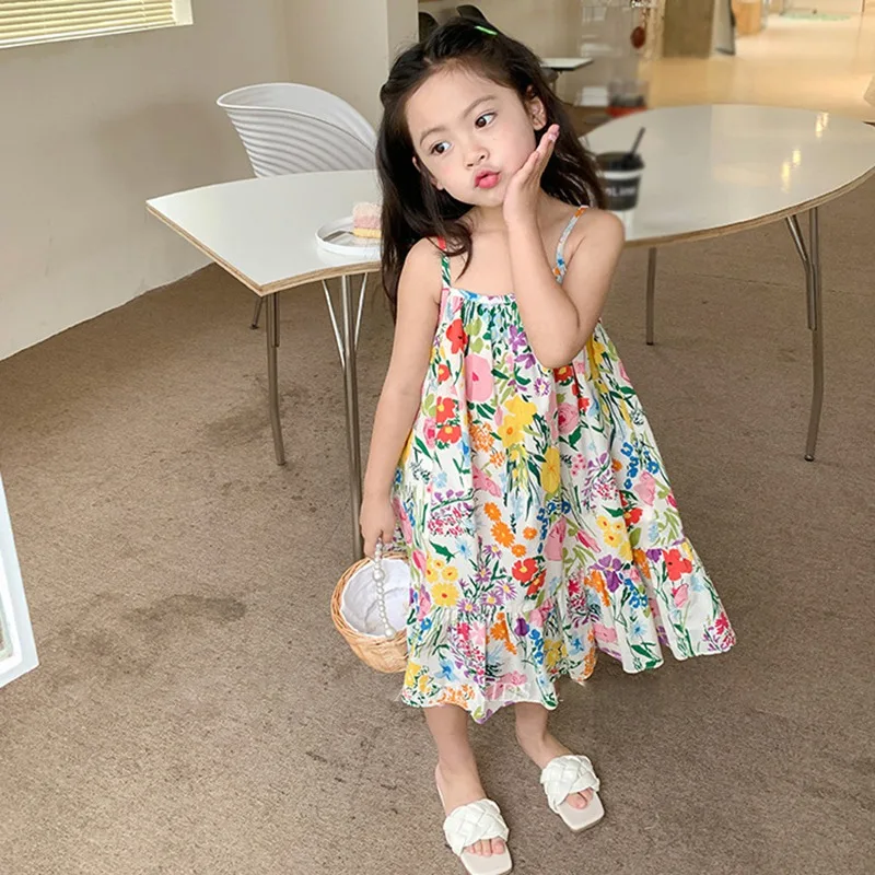 Girls Dress Summer Children\'s Clothing Slip Dress Flowers Printing Toddler Girls Sleeveless Princess Dress Party Clothes