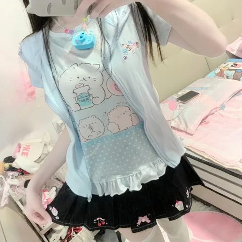 Imagen 2 del producto Kimutomo japonés Petite dulce lindo réplica chica traje de manga corta Top mujeres versátil grupo estampado mariposa cuello redondo