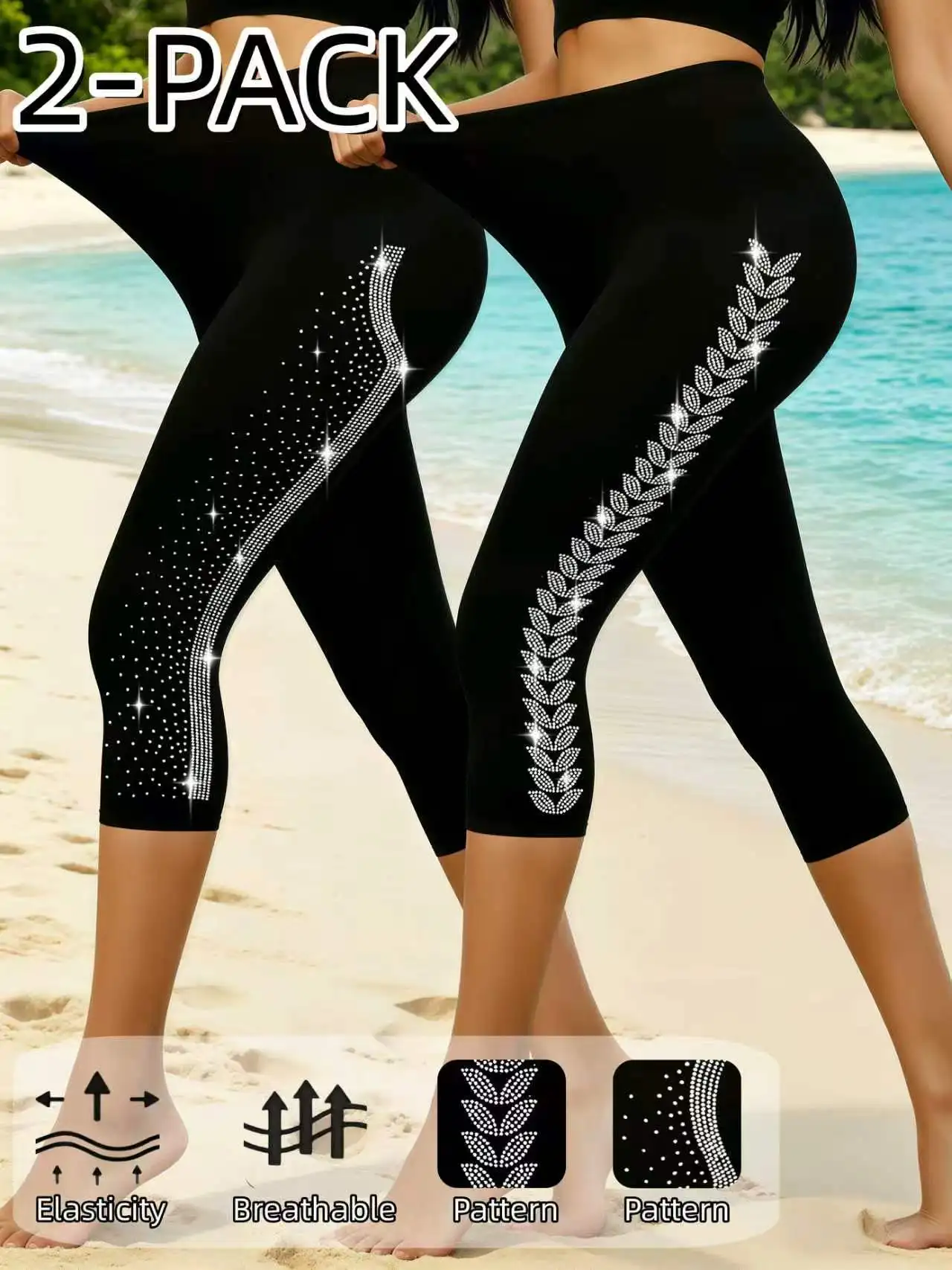 2 Pairs Women's Side Curved Leaf Rhinestone Capris High Waist High Elastic Breathable Fashion Pants for Outdoor Street Wear
