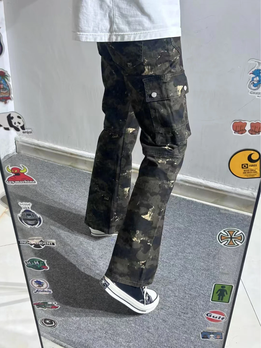 Men's Camouflage Cargo Pants Autumnal Vintage American Washed Denim Cleanfit Multiple Pockets Workwear Straight Leg Trousers