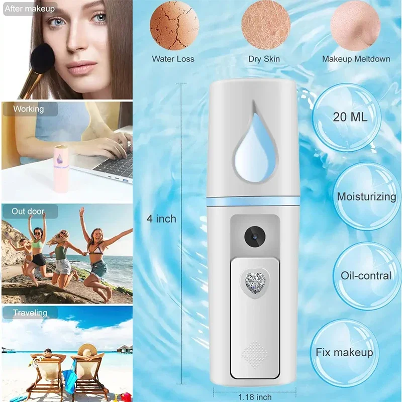 Nano Mist Sprayer Facial Steamer Face Moisturizing Hydrating Beauty Nebulizer Skin Care Mini Cooler Humidifier USB Rechargeable