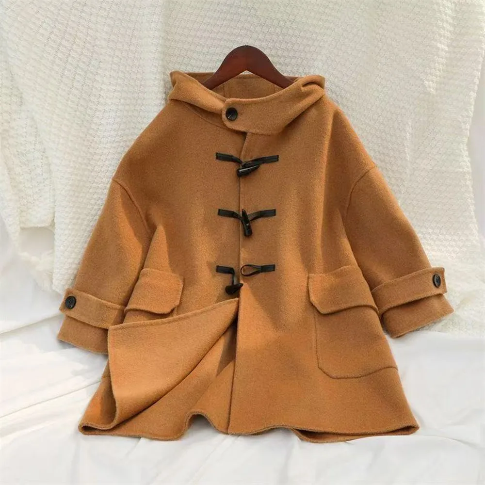 2025 New Wool Double-sided Cashmere Coat Boys and Girls Children Cow Horn Button Tweed Coat Winter Middle and Large Children