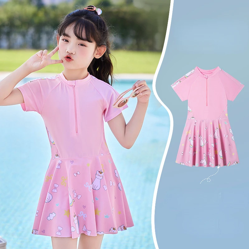 Cute Rainbow Bunny Girl Swimwear, Cartoon Printing, Student Training, Round Neck, One-piece Swimsuit, Pink, Kids, 2-14Year