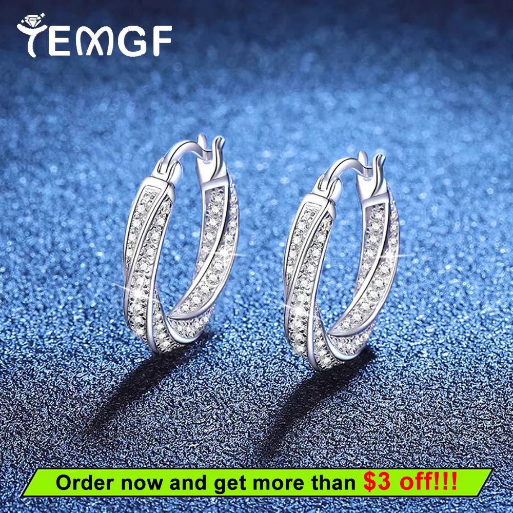 

TEMGF Full 1.1mm Moissanite Hoop Earrings 925 Sterling Silver Ear Studs for Women Party Sparkling Fine Jewelry GRA Certification