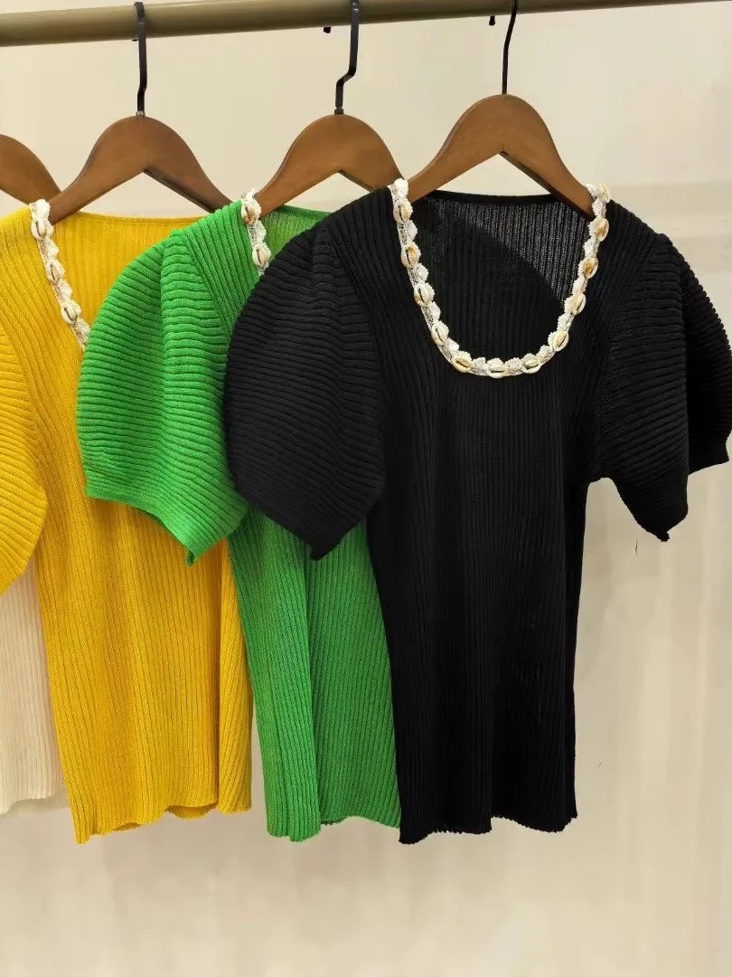 เสื้อถักไหมพรมผู้หญิงดีไซน์หรูหราสำหรับฤดูร้อน ทรงกลม แบบมีลูกปัด หรือ ทรงกลมแบบมีฟองอากาศ เสื้อยืดทรงกลมแบบสวม