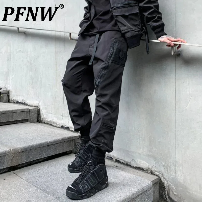 PFNW Autumn Darkwear Tide New Black Ribbon Spliced Overalls Men's Fashion Loose Casual Irregular Zipper Design Trousers 12A5584