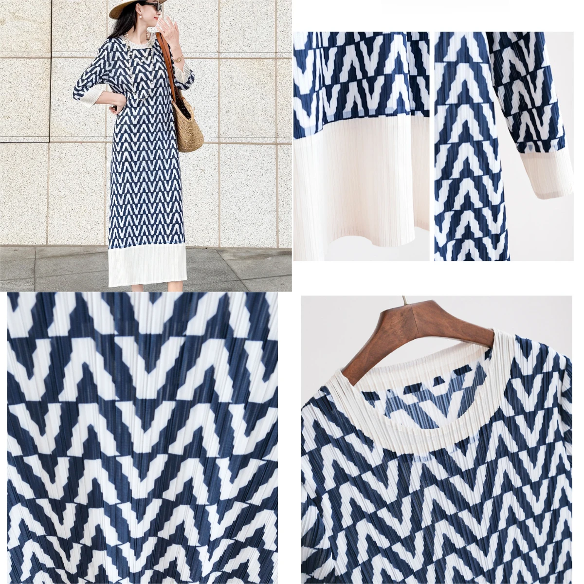 

Miyake Folds 2025 Vintage Geometric Style Printed Dress Long Sleeve Temperament Dress Holiday Style Geometric Pattern Skirt